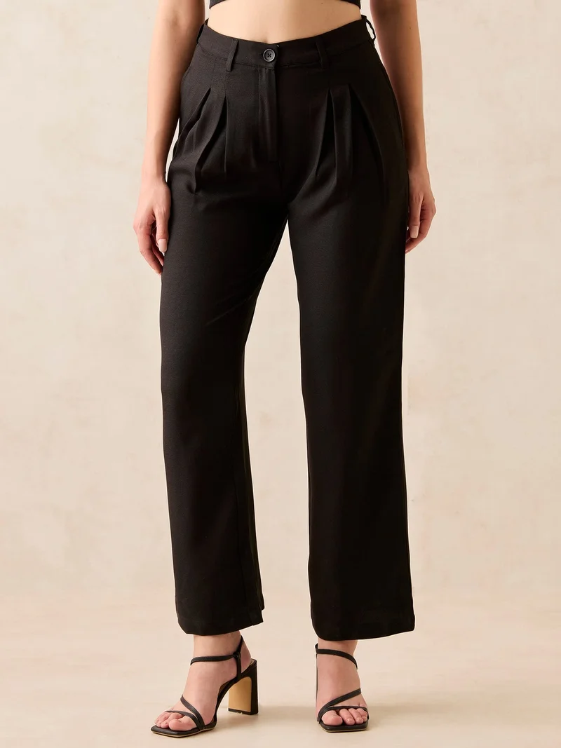 Outzidr  Black High Waisted Wide Leg Trousers for Women | Best Price UAE